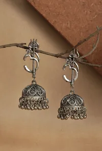 Spiritual Om Trishul German Silver Jhumka image 1
