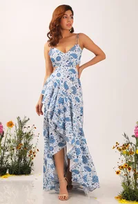 Serena Floral Chintz Fuffled Slitted Long Backless Dress image 1