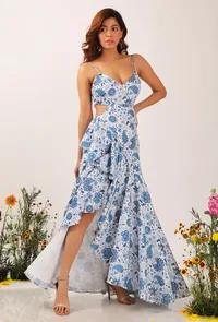 Serena Floral Chintz Fuffled Slitted Long Backless Dress image 2