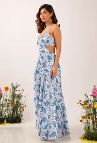 Serena Floral Chintz Fuffled Slitted Long Backless Dress image 3