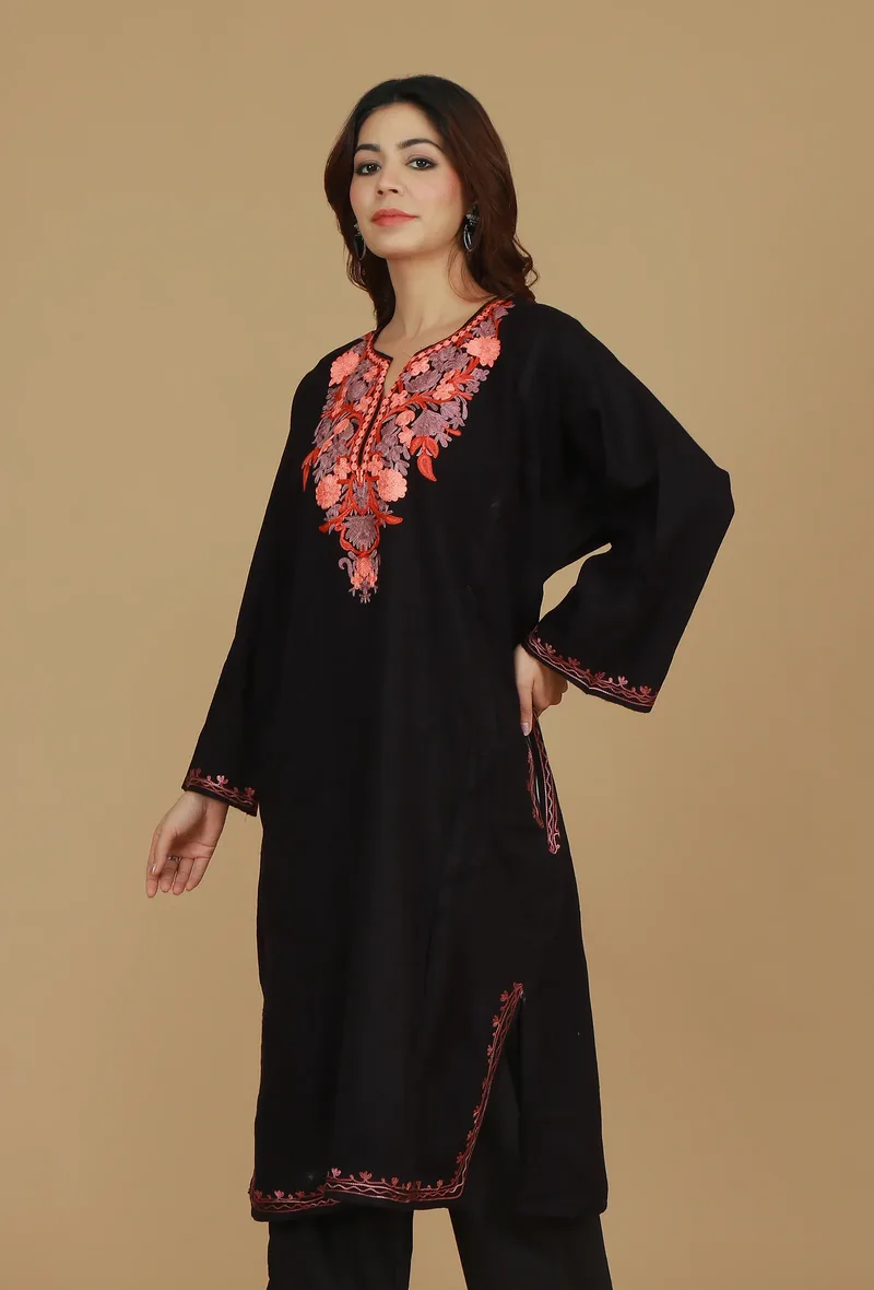 Black Floral Embroidered Phiran- Free Size