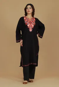 Black Floral Embroidered Phiran- Free Size image 2