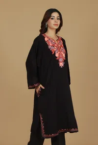 Black Floral Embroidered Phiran- Free Size image 3