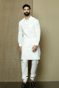 Set of 2:Safed Collared  Cotton Kurta and Pyjama image 1