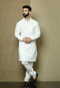 Set of 2:Safed Collared  Cotton Kurta and Pyjama image 2
