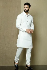 Set of 2:Safed Collared  Cotton Kurta and Pyjama image 3