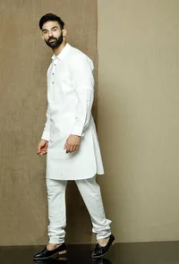 Set of 2:Safed Collared  Cotton Kurta and Pyjama image 4