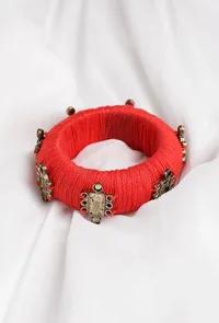 Tangerine Orange Thread Wooden Bangles image 1