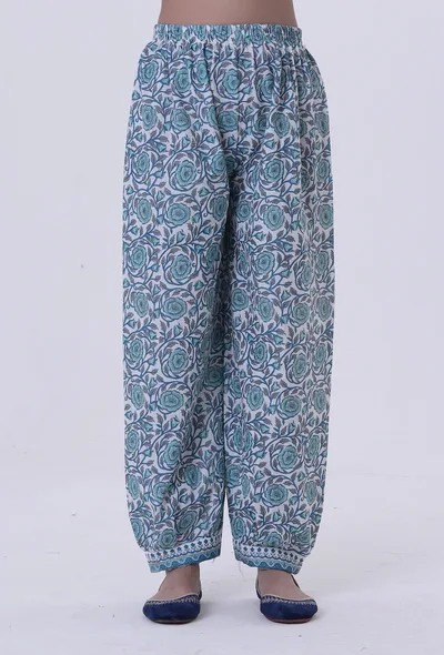 White Cotton Pant With Blue Motif