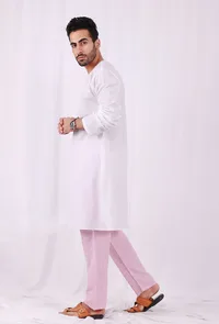Set of 2: White Cotton kurta with Pink Striped Pajama image 2