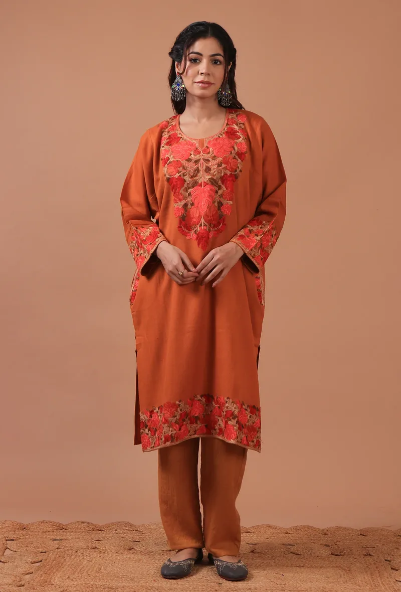 Orange Woolen Ari Embroidered Phiran- Free Size
