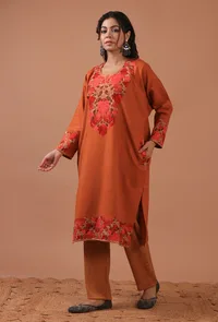 Orange Woolen Ari Embroidered Phiran- Free Size image 2