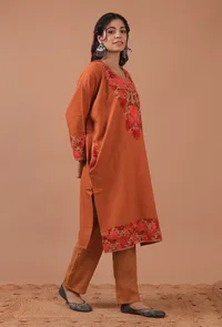 Orange Woolen Ari Embroidered Phiran- Free Size image 3