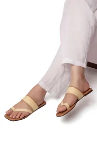 Tan Brown Slip-On Flats With Textured Straps & Insole Cushion Padding image 1