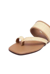 Tan Brown Slip-On Flats With Textured Straps & Insole Cushion Padding image 6