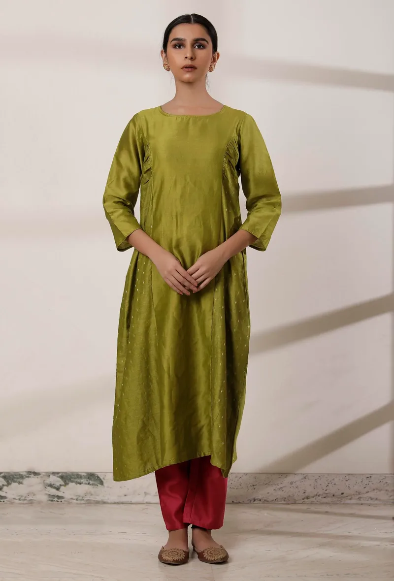Set of 2: Olive Chanderi Kurta and Chanderi Palazzo