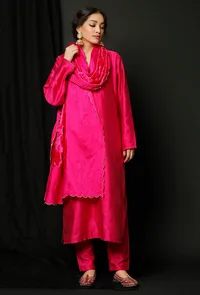 Set of 3 : Pink Raw Silk Kurta with Pink Raw Silk Pants and Pink Raw Silk velvet Odhani image 1