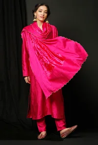 Set of 3 : Pink Raw Silk Kurta with Pink Raw Silk Pants and Pink Raw Silk velvet Odhani image 2