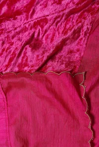 Set of 3 : Pink Raw Silk Kurta with Pink Raw Silk Pants and Pink Raw Silk velvet Odhani image 5