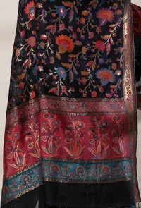 Set of 3: Maroon Zari Woven Straight Kurta and Churidar with Black Kani Dupatta image 3