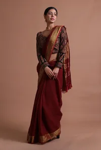 Maroon Color Cotton Linen Saree With Unstitched Blouse image 1