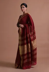 Maroon Color Cotton Linen Saree With Unstitched Blouse image 2