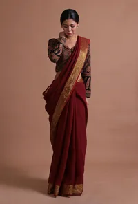 Maroon Color Cotton Linen Saree With Unstitched Blouse image 3