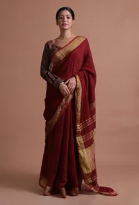 Maroon Color Cotton Linen Saree With Unstitched Blouse image 4