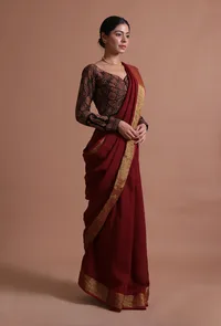 Maroon Color Cotton Linen Saree With Unstitched Blouse image 5