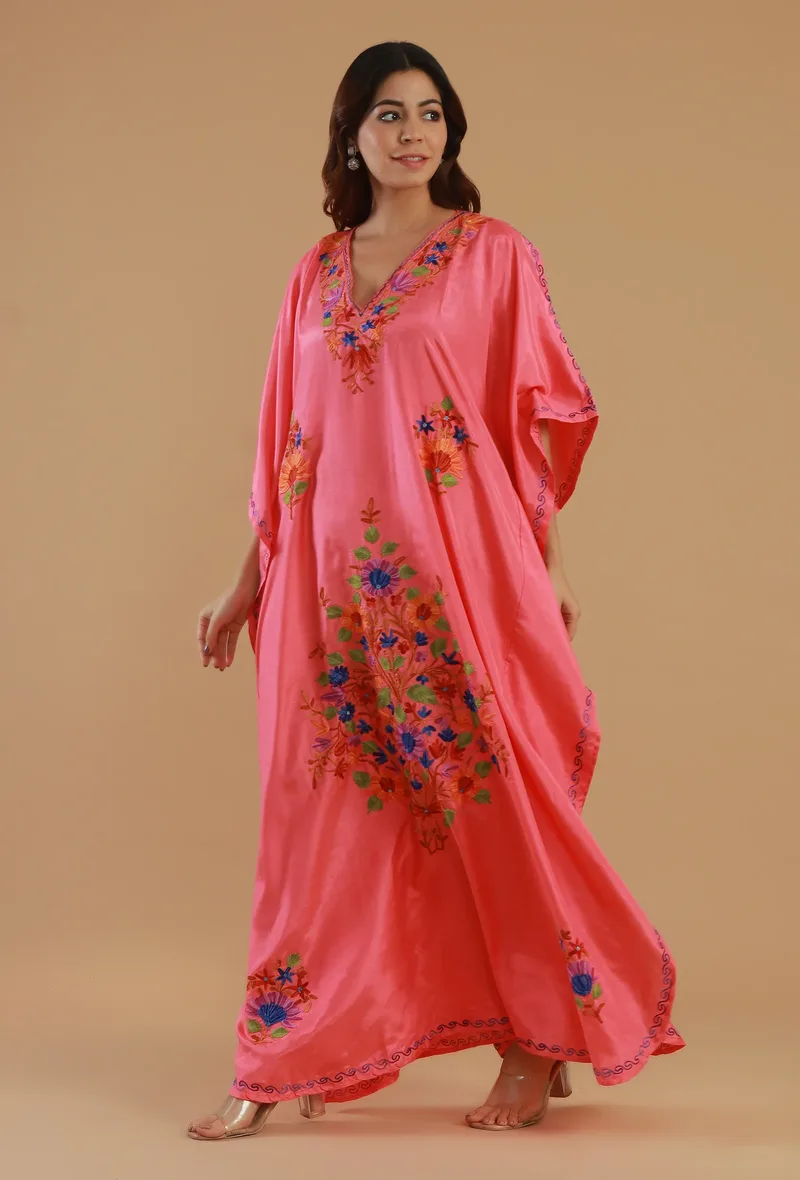 Aari Embroidered Multicolor Kashmiri Satin Kaftan- Free Size