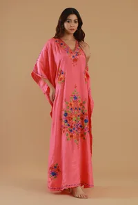 Aari Embroidered Multicolor Kashmiri Satin Kaftan- Free Size image 2