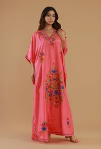 Aari Embroidered Multicolor Kashmiri Satin Kaftan- Free Size image 3