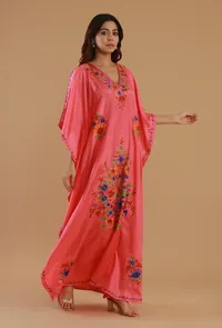Aari Embroidered Multicolor Kashmiri Satin Kaftan- Free Size image 4