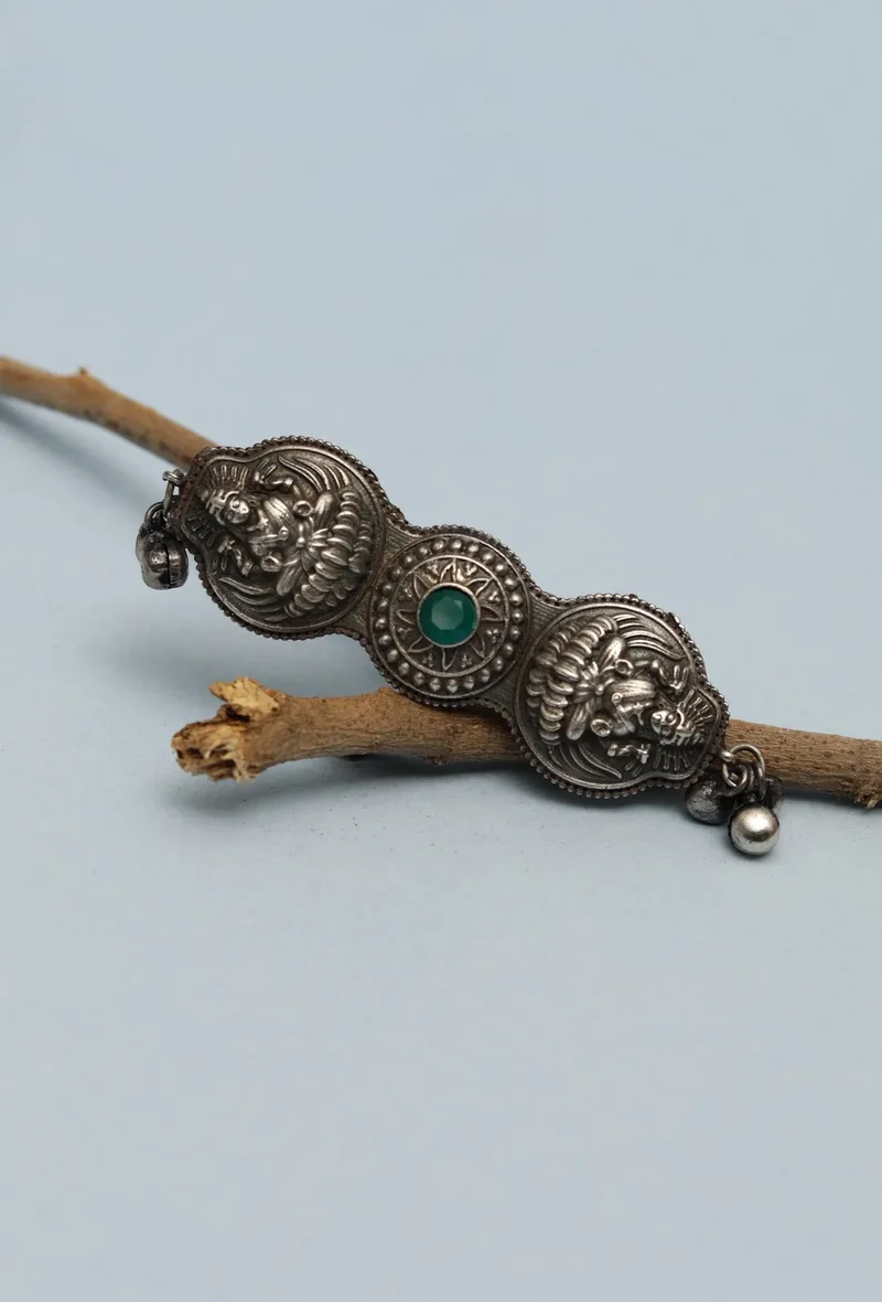 Silver Look Like Round Goddess Lakshmi Green Stone Adjustable Size Ring