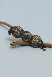 Silver Look Like Round Goddess Lakshmi Green Stone Adjustable Size Ring image 1