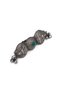 Silver Look Like Round Goddess Lakshmi Green Stone Adjustable Size Ring image 3