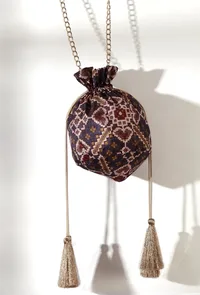 Brinda Blue & Multi Silk Patola Print Potli With Tassels image 2