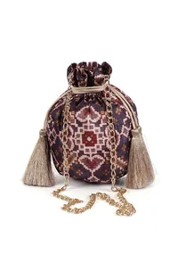 Brinda Blue & Multi Silk Patola Print Potli With Tassels image 3