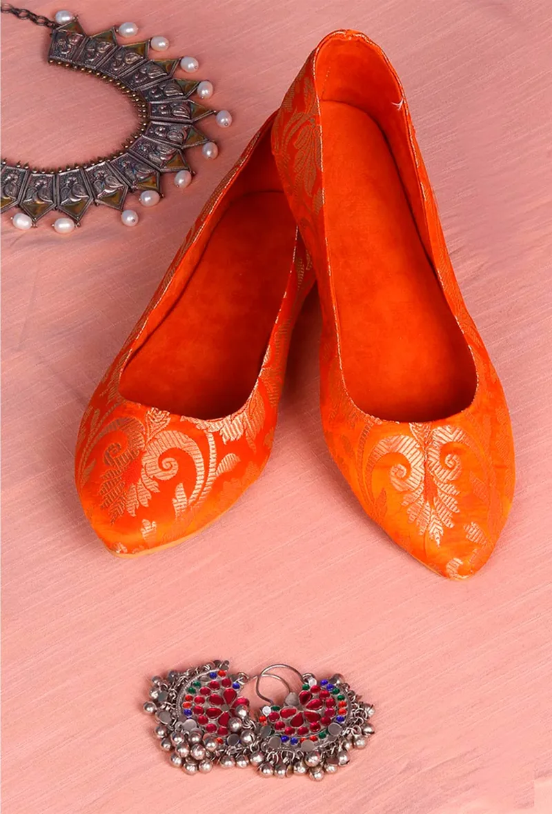 Orange Brocade Pointed Toe Ballerina Flats