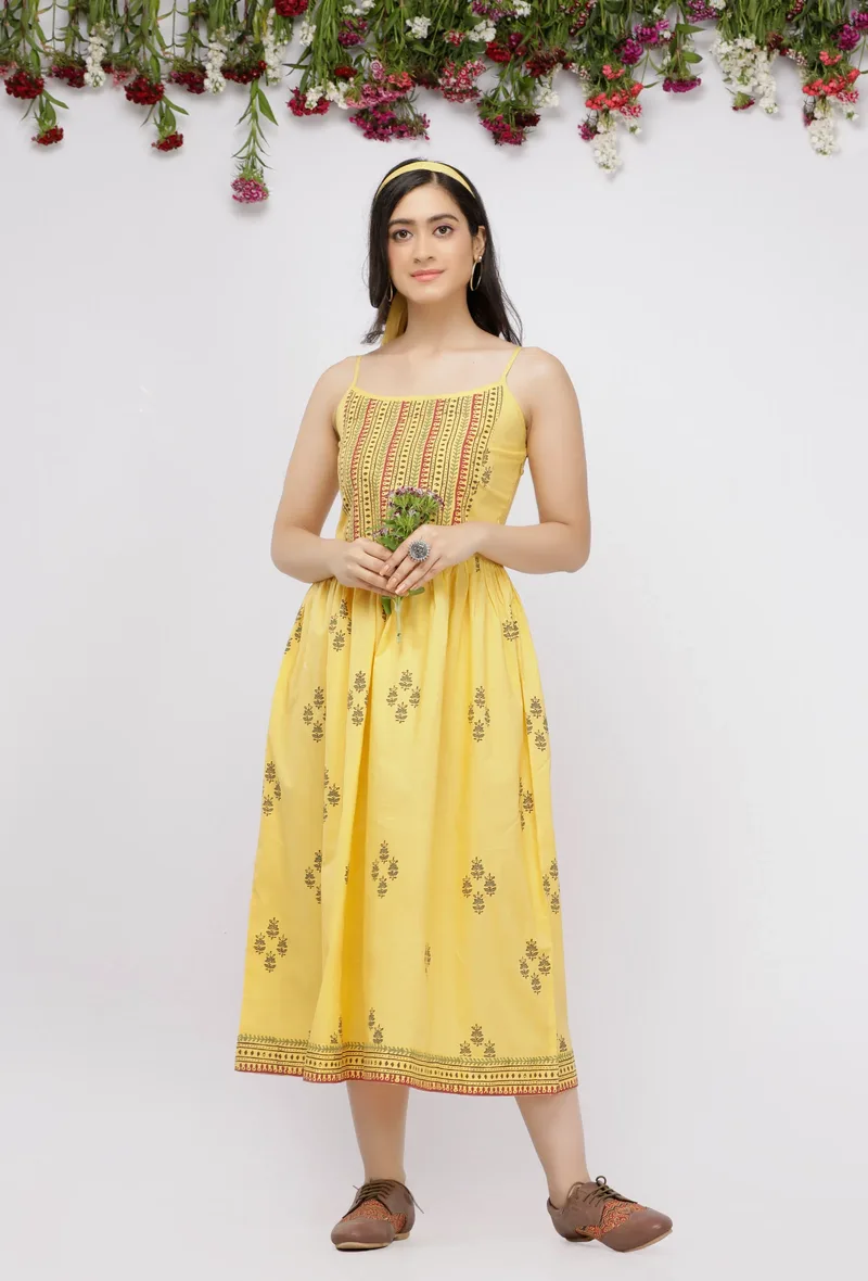 Yellow  Hand-Block Printed Cotton   Slip Dress