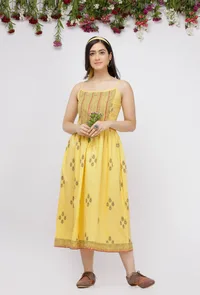 Yellow  Hand-Block Printed Cotton   Slip Dress image 1