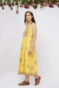 Yellow  Hand-Block Printed Cotton   Slip Dress image 2