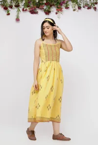 Yellow  Hand-Block Printed Cotton   Slip Dress image 3