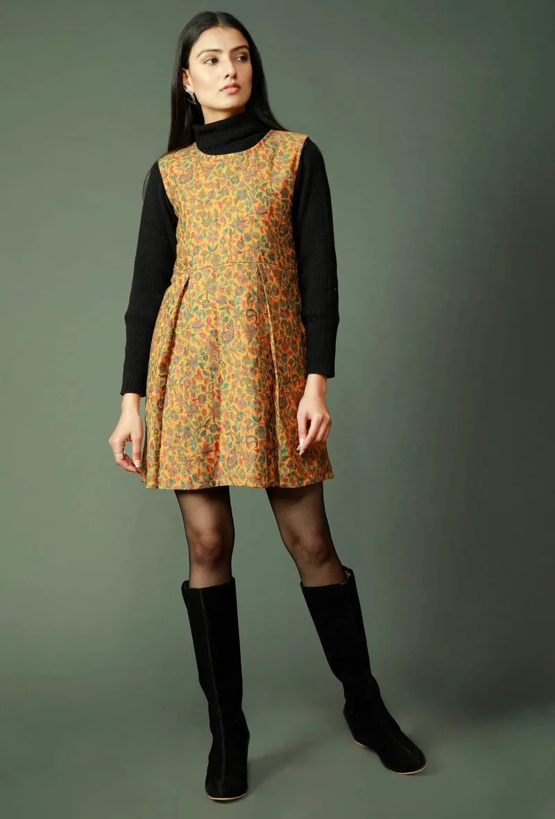 Mustard Pure Wool Kani Woven Dress With Kashmiri Pattern