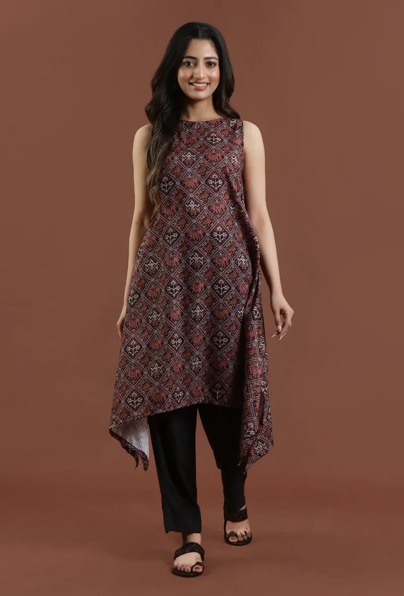 Deep Maroon Patola Printed Tussar Silk Asymmetric Kurta