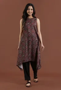 Deep Maroon Patola Printed Tussar Silk Asymmetric Kurta image 1