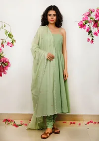 Set of 3: Mint Green plain strapped Gathered Cotton Kurta with Kota Dupatta and Cotton Solid Churidar image 1