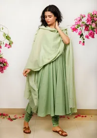 Set of 3: Mint Green plain strapped Gathered Cotton Kurta with Kota Dupatta and Cotton Solid Churidar image 2