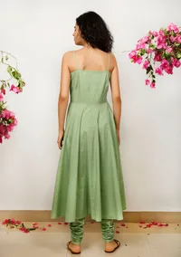 Set of 3: Mint Green plain strapped Gathered Cotton Kurta with Kota Dupatta and Cotton Solid Churidar image 4