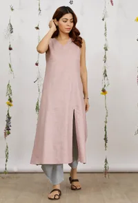 Set of 2: Orchid Pink A Line Cotton Khaadi Kurta with Powder Blue Dhoti Pants image 2